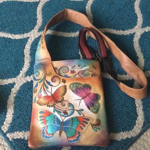 Pretty Hand Painted Anuschka Butterfly Crossbody